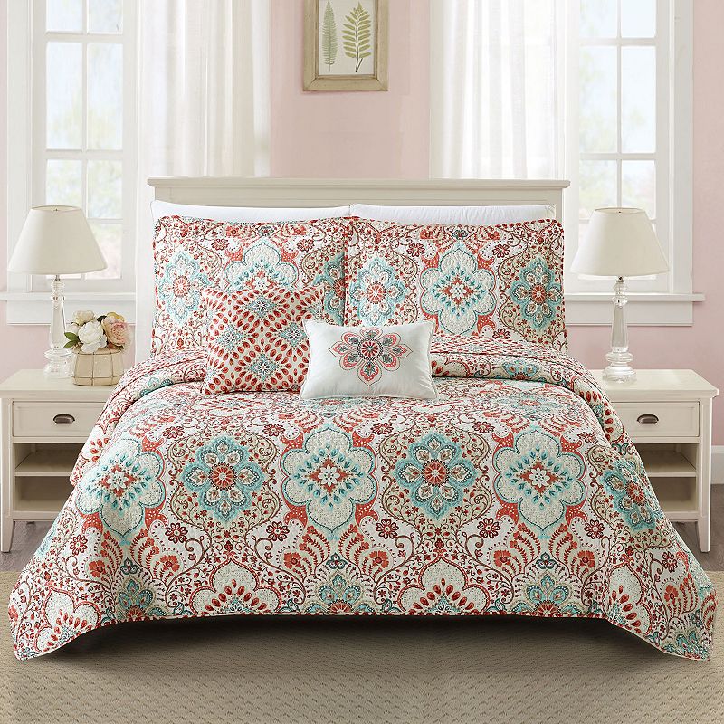 Serenta 5-piece Bennington Damask Printed Quilt Set with Coordinating Throw