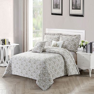 Serenta 5-piece Heart Damask Quilt Set with Coordinating Throw Pillows