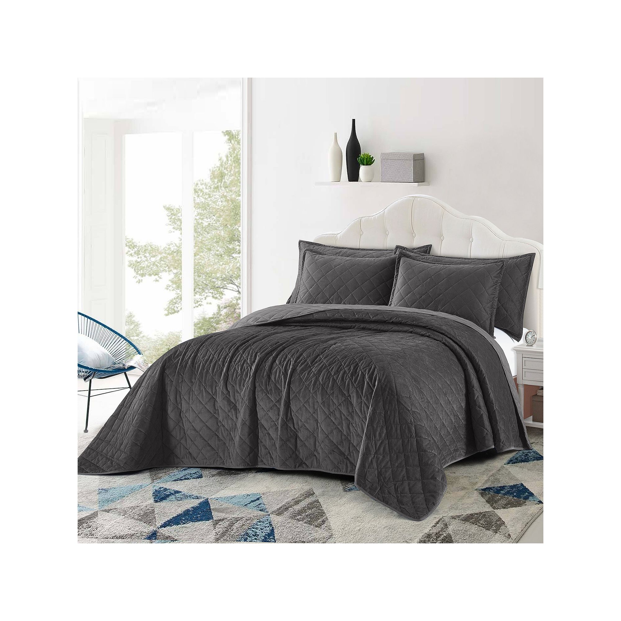Serenta Velvet Quilt 5-Piece Bedspread & Sham Set, Gun Grey