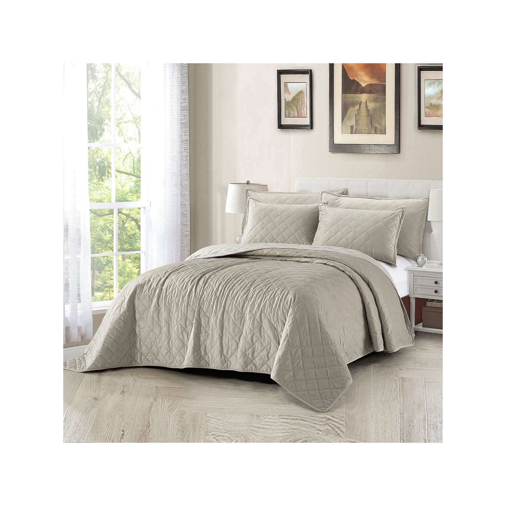 Serenta Velvet Quilt 5-Piece Bedspread & Sham Set, Oatmeal