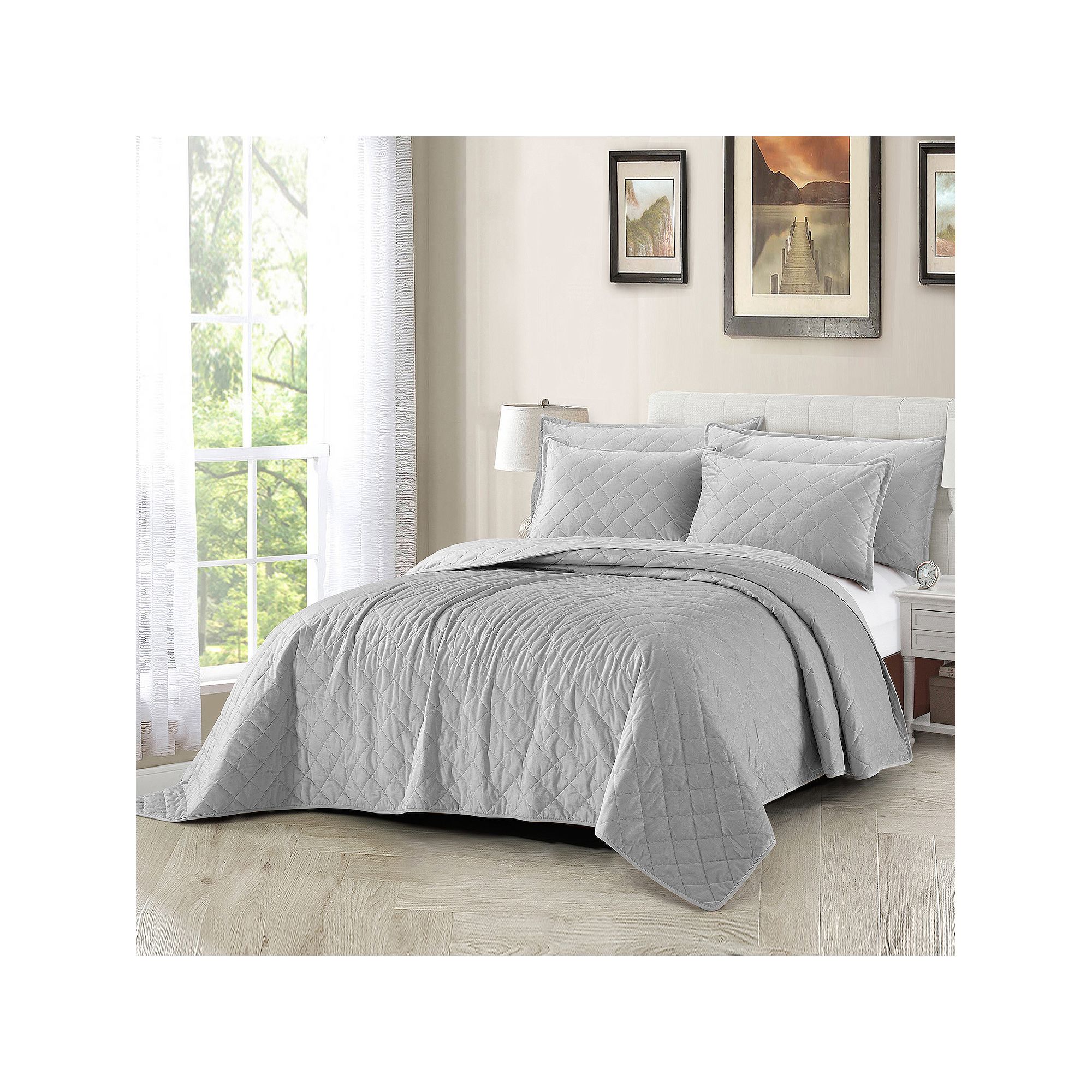 Serenta Velvet Quilt 5-Piece Bedspread & Sham Set, Silver