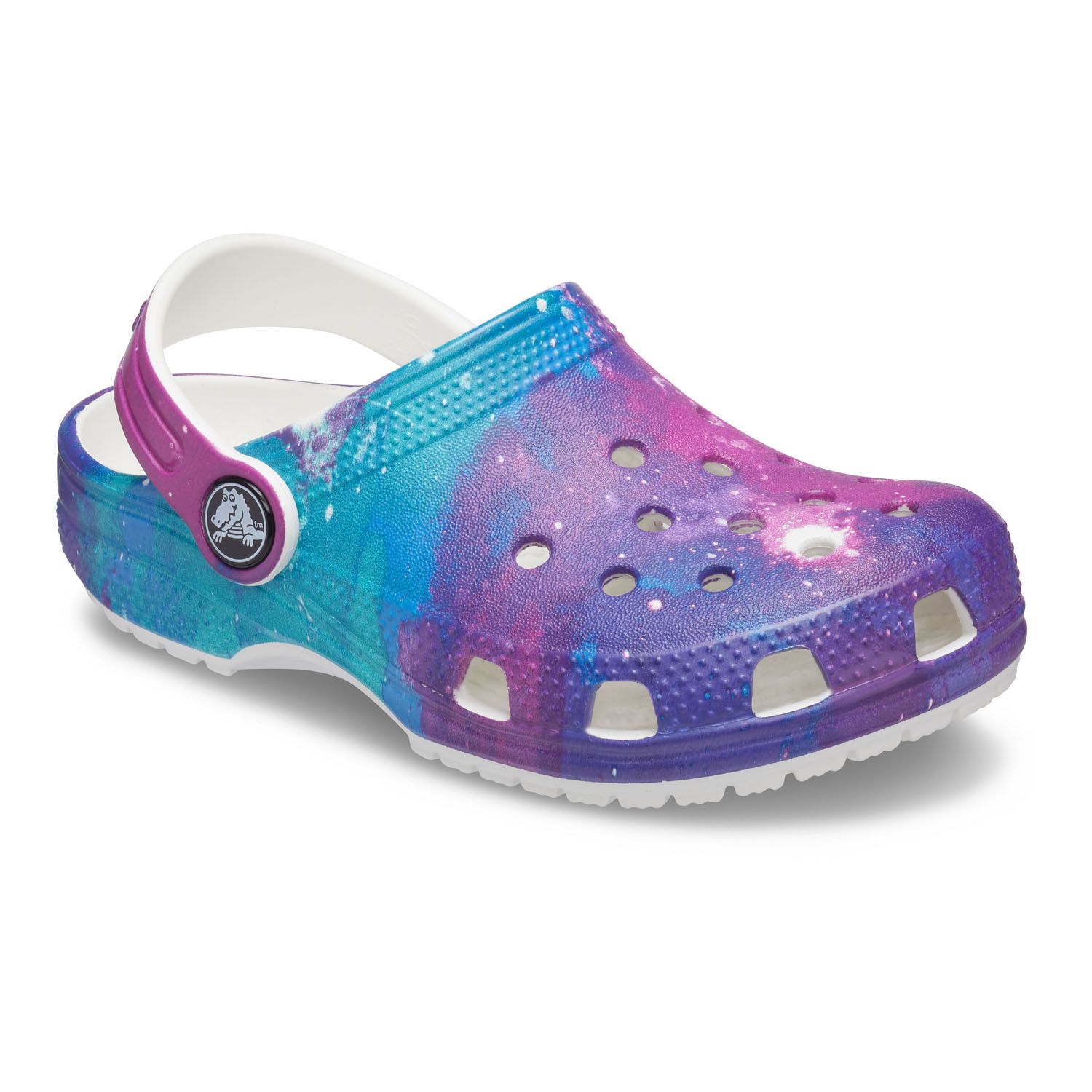 purple and white crocs