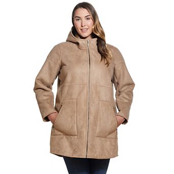 Plus Size Weathercast Hooded Midweight Faux-Shearling Coat