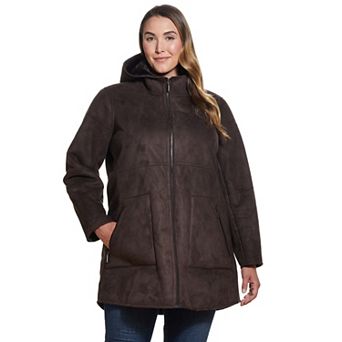 Plus Size Weathercast Hooded Midweight Faux-Shearling Coat