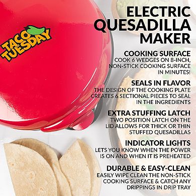 Taco Tuesday Deluxe 6-Wedge Electric Quesadilla Maker with Extra Stuffing Latch