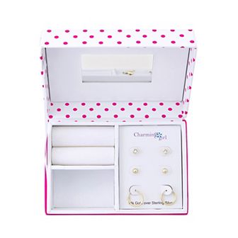 Charming Kids' Girl Gold Tone Sterling Silver Hoop Ball Crystal Stud Earring Set