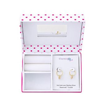 Charming Kids' Girl Gold Tone Sterling Silver Crystal Heart Dangle Hoop Earrings