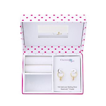 Charming Kids' Girl Gold Tone Sterling Silver Crystal Heart Dangle Hoop Earrings