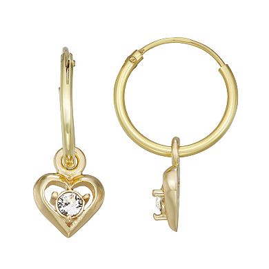 Charming Kids' Girl Gold Tone Sterling Silver Crystal Heart Dangle Hoop Earrings