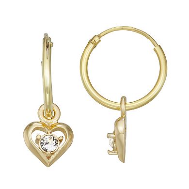 Kids' Charming Girl Gold Tone Sterling Silver Crystal Heart Dangle Hoop Earrings