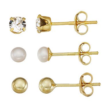 Kids' Charming Girl Gold Tone Sterling Silver Ball, Freshwater Cultured Pearl & Crystal Stud Earring Set