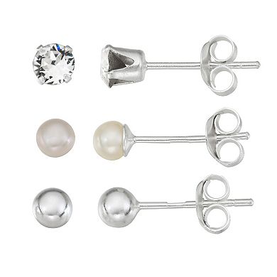 Charming Girl Kids' Gold Tone Sterling Silver Ball, Freshwater Cultured Pearl and Crystal Stud Earring Set