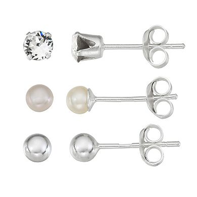 Kids' Charming Girl Gold Tone Sterling Silver Ball, Freshwater Cultured Pearl & Crystal Stud Earring Set