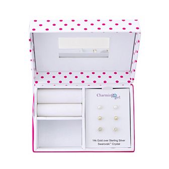 Charming Girl Kids' Gold Tone Sterling Silver Ball, Freshwater Cultured Pearl & Crystal Stud Earring Set