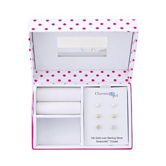 Charming Girl Kids' Gold Tone Sterling Silver Ball, Freshwater Cultured Pearl & Crystal Stud Earring Set