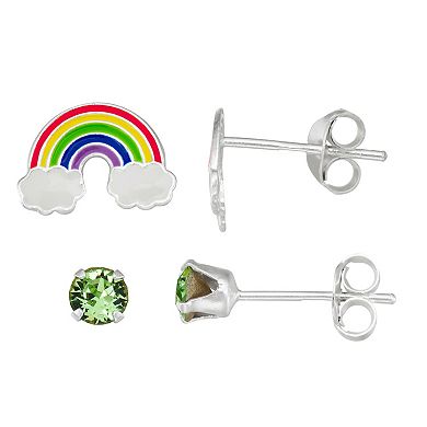 Kids' Charming Girl Sterling Silver Rainbow & Crystal Stud Earring Set