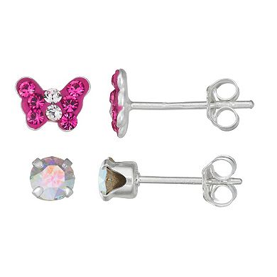 Kids' Charming Girl Sterling Silver Butterfly & Crystal Stud Earring Set
