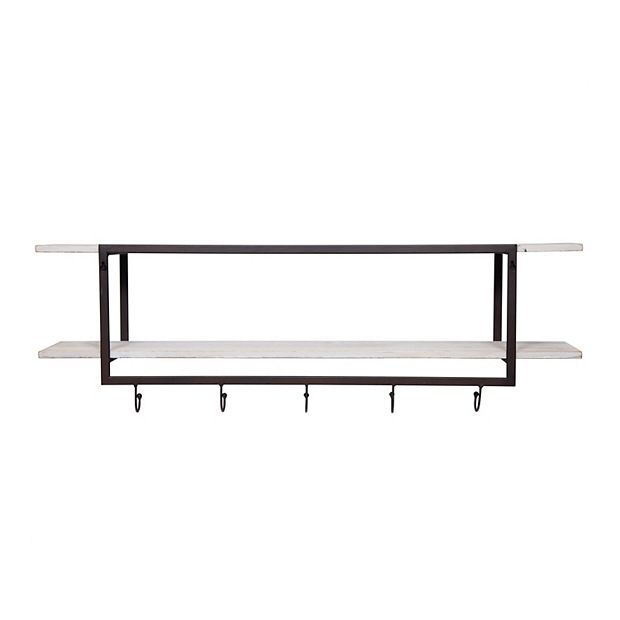 Pinnacle Two-Tier Metal and Wood Wall Shelf With Hooks