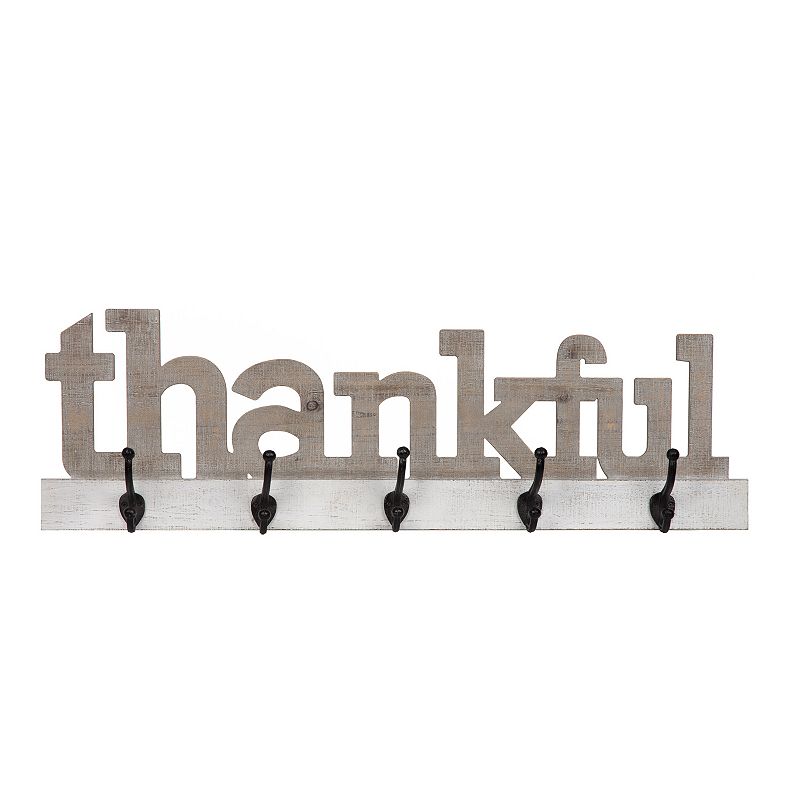 Pinnacle Thankful Wood Cut Out Wall Sign With Hooks, Grey