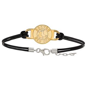 LogoArt Sterling Silver Boston Red Sox Small Center Leather Bracelet
