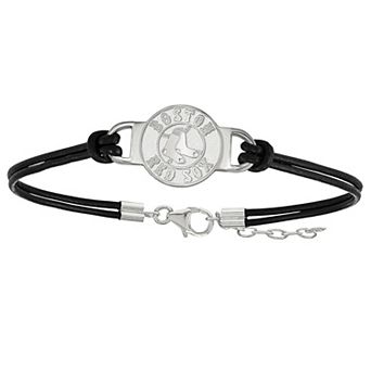 LogoArt Sterling Silver Boston Red Sox Small Center Leather Bracelet