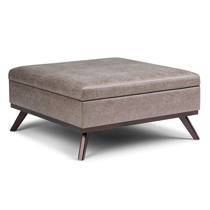 Simpli Home - Owen Square Mid-Century Modern Faux Air Leather Ottoman With Inner Storage - Distressed Gray Taupe