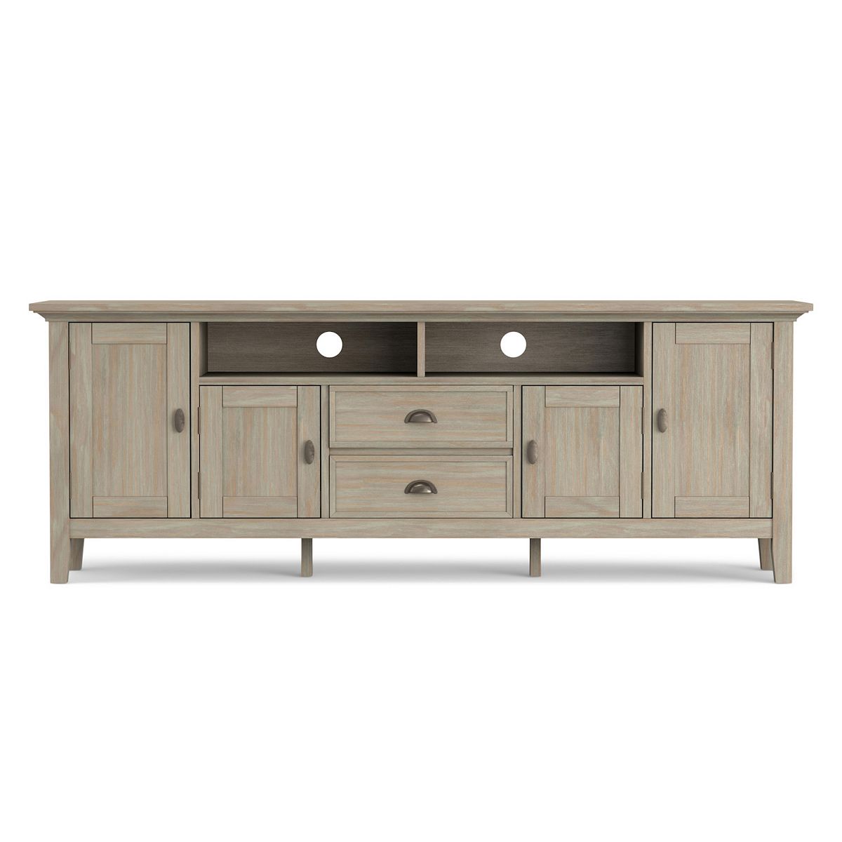 Light gray Redmond TV media stand with two doors and drawers.