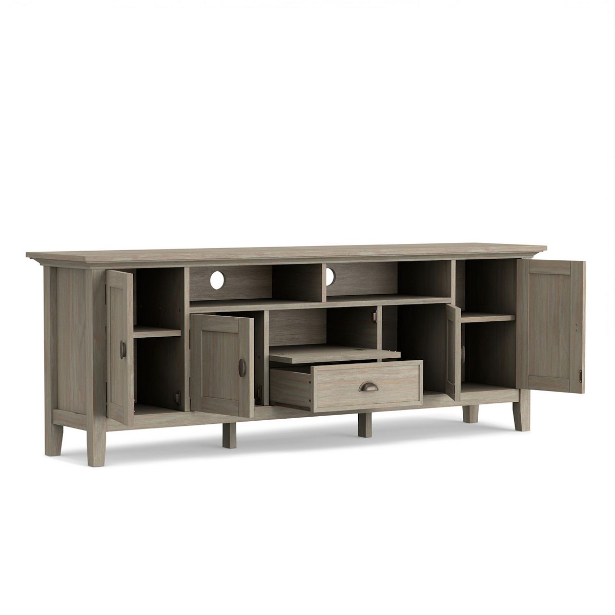 Redmond TV media stand angled view with doors, shelves, and drawers in light gray.
