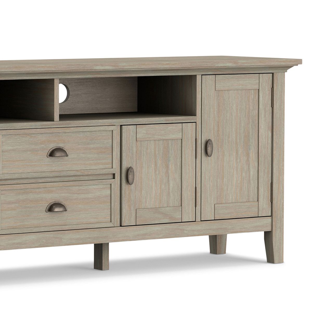 Close-up of light gray Redmond TV media stand door and drawer fronts.