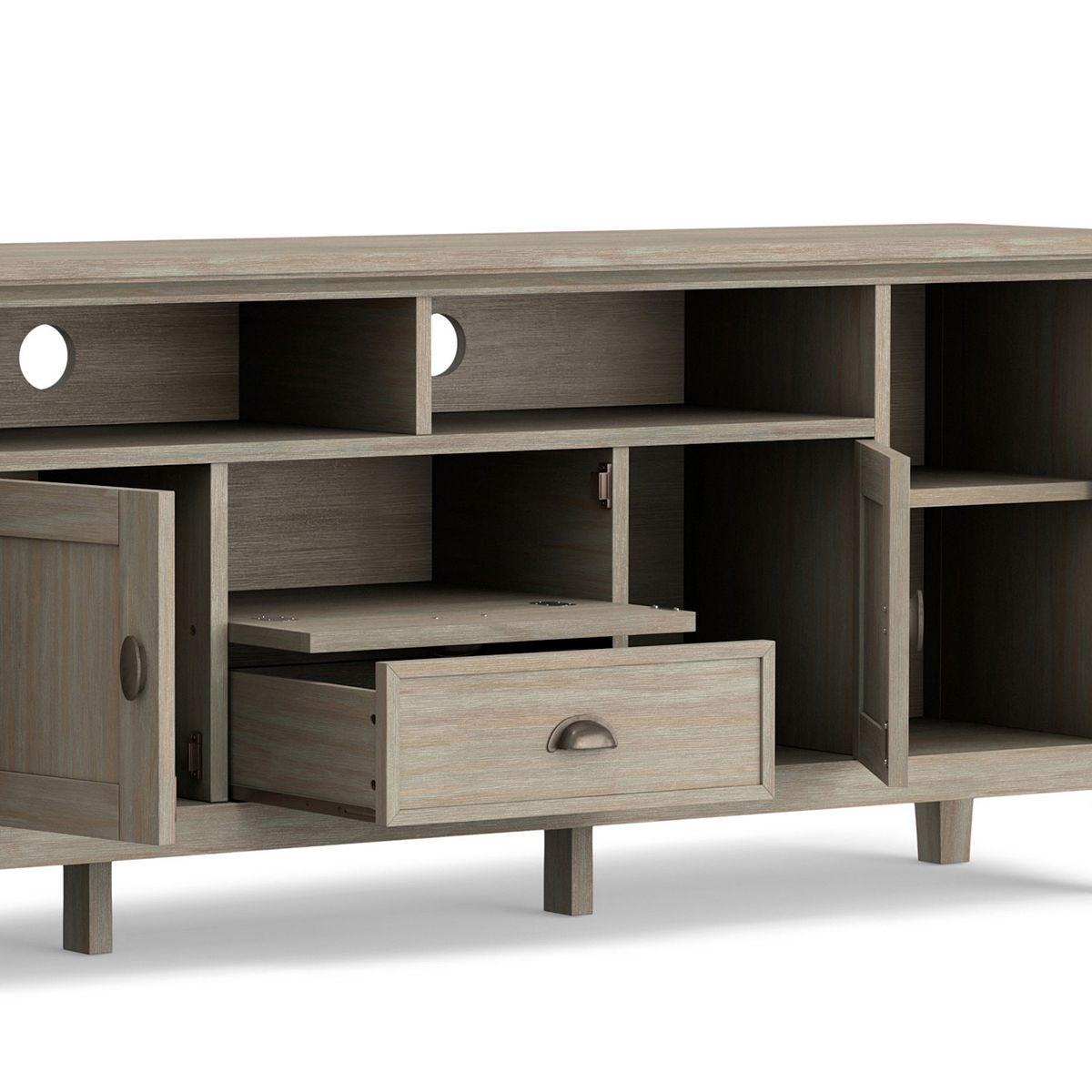 Close-up of open shelves and drawer on Redmond TV media stand in light gray.
