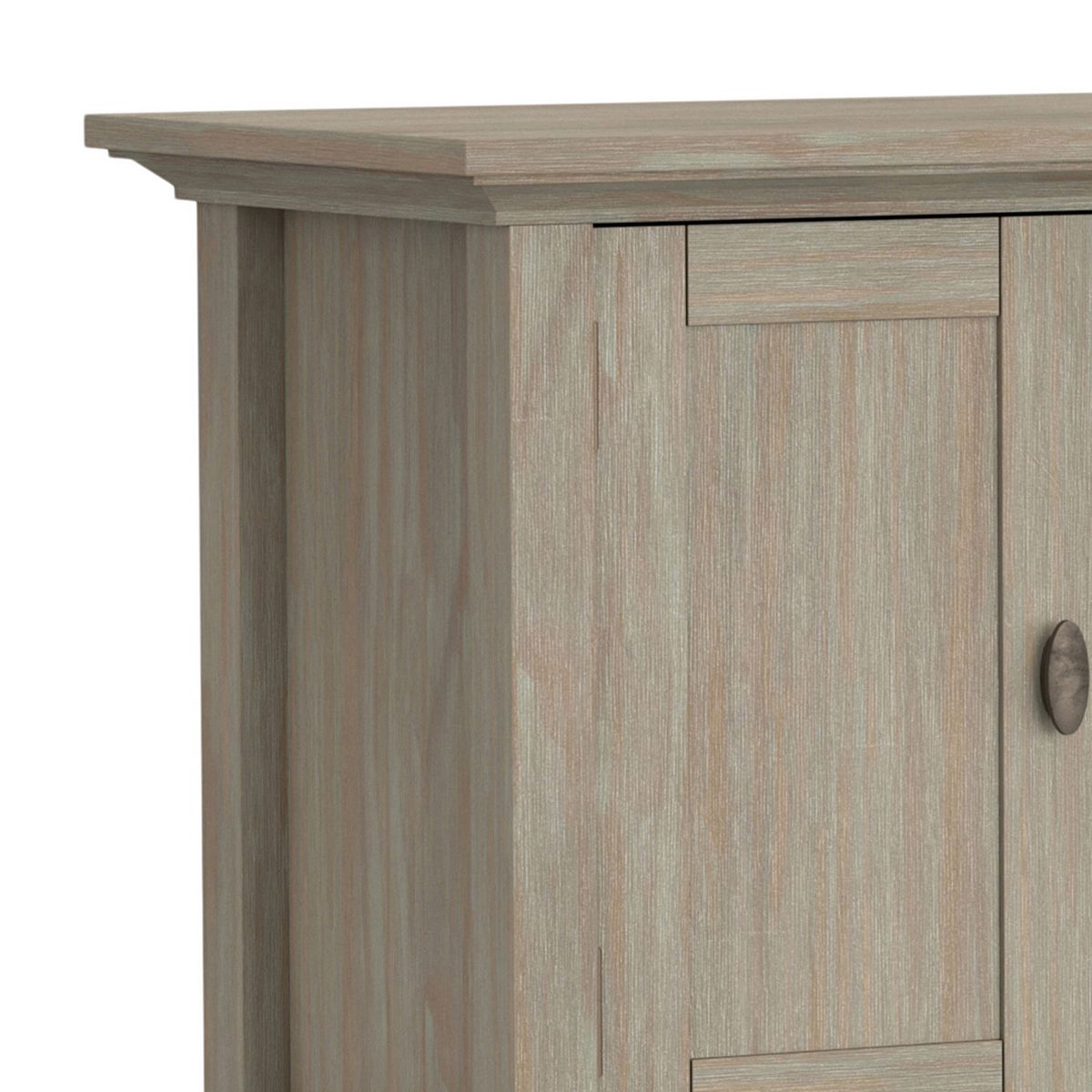 Light gray Redmond TV media stand cabinet door close-up with round metal pull.