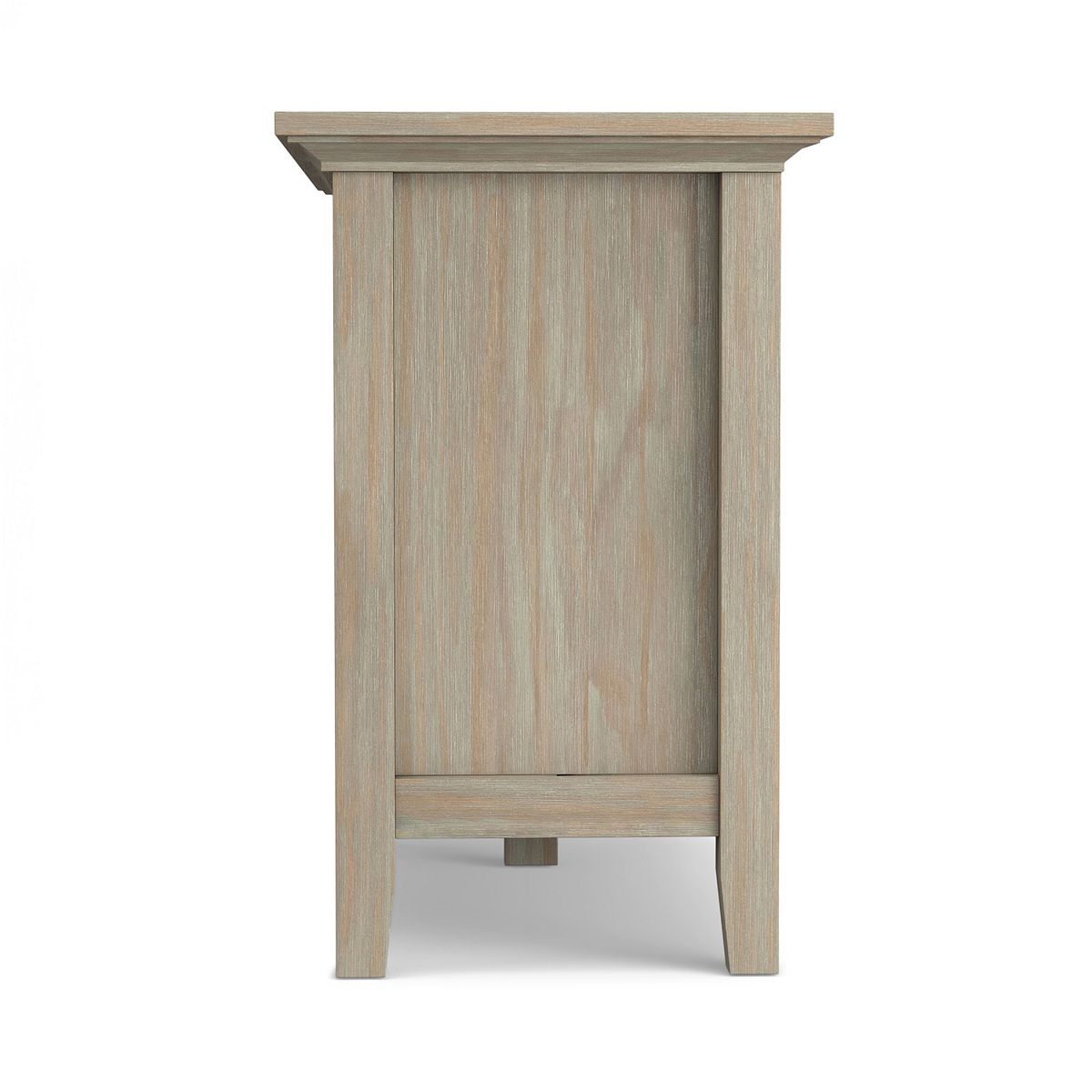 Side panel of light gray Redmond TV media stand showing cabinet base and leg.