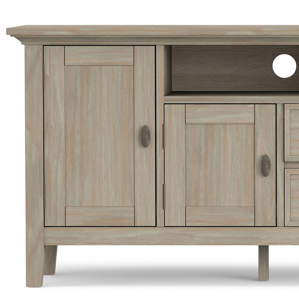 Close-up of Redmond TV media stand door and drawer area in light gray.