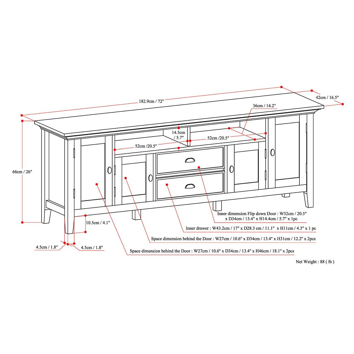 Redmond TV media stand dimensions diagram with drawer and door openings labeled.