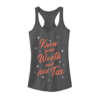 Juniors' "Know Your Worth And Add Tax" Script Tank Top