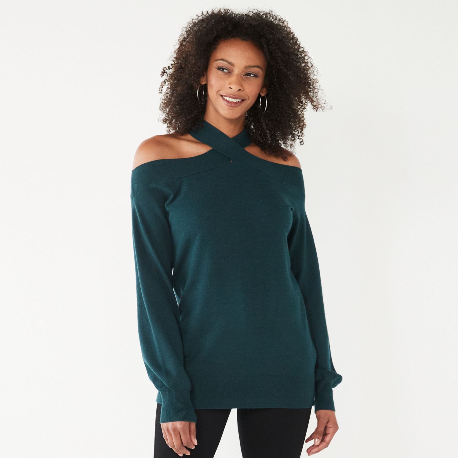 off the shoulder criss cross sweater