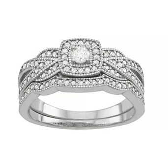 Tiara Sterling Silver 1/2 Carat T.W. Diamond Halo Engagement Ring Set
