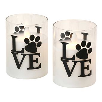 LumaBase Love Paws Battery Operated Wax Candles in Glass Holders with Moving Flame 2 pc Set
