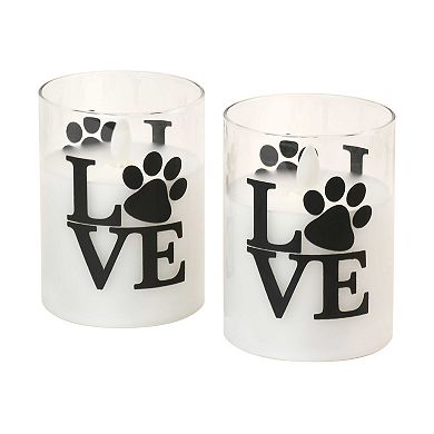 LumaBase Love Paws Battery Operated Wax Candles in Glass Holders with Moving Flame 2-piece Set