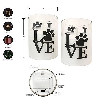 LumaBase Love Paws Battery Operated Wax Candles in Glass Holders with Moving Flame 2-piece Set