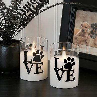 LumaBase Love Paws Battery Operated Wax Candles in Glass Holders with Moving Flame 2-piece Set