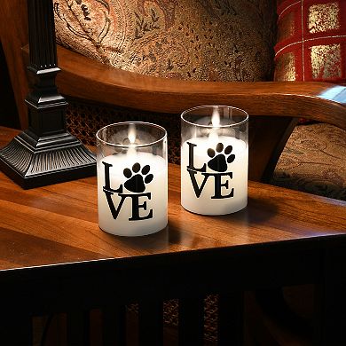 LumaBase Love Paws Battery Operated Wax Candles in Glass Holders with Moving Flame 2-piece Set