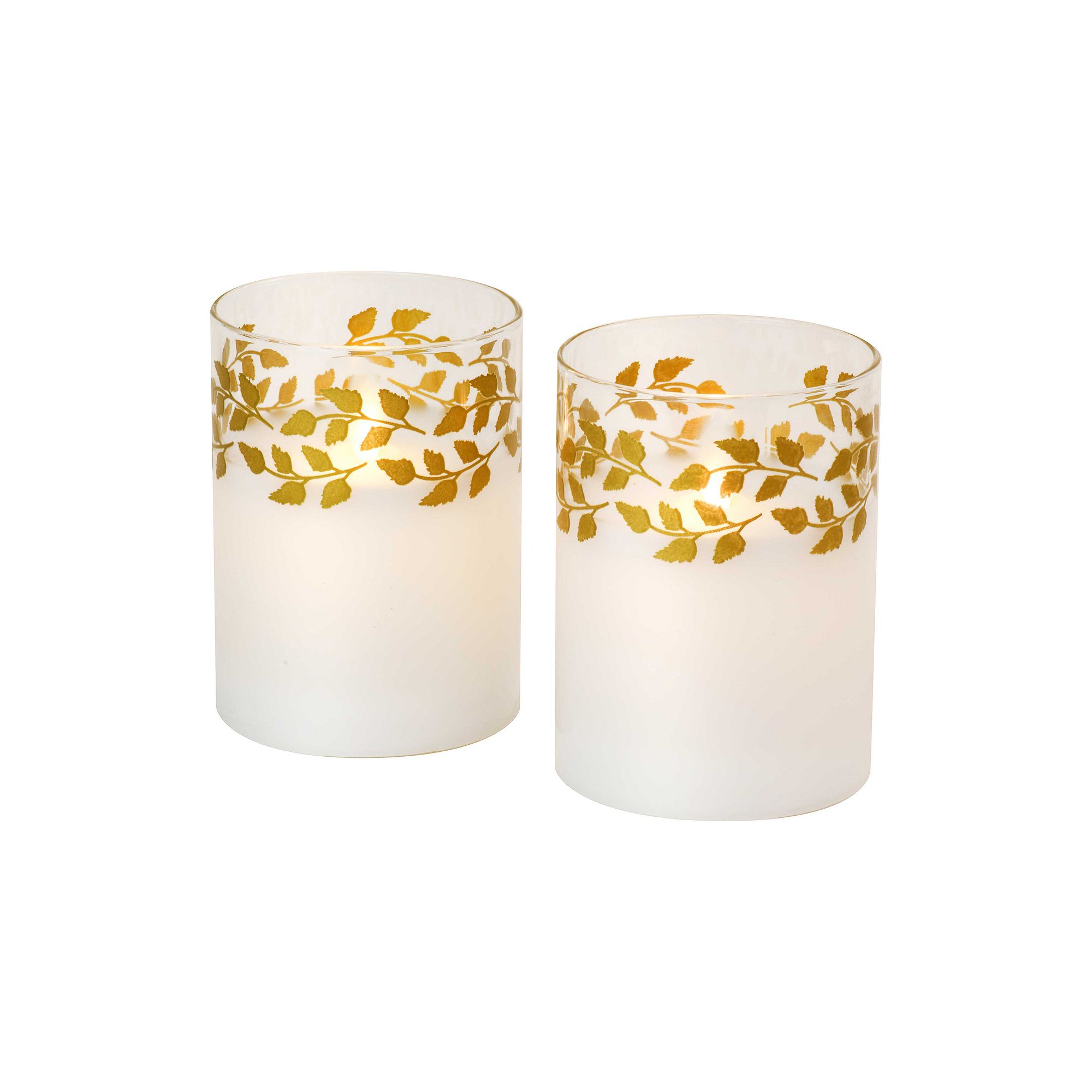 LumaBase Gold Wreath Battery Operated Wax Candles in Glass Holders with Mov