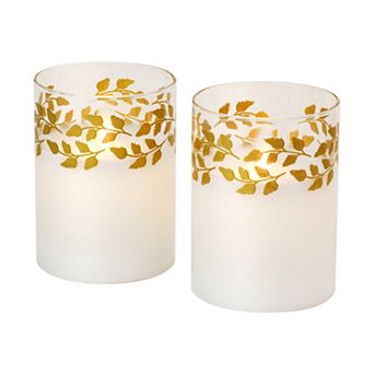 LumaBase Gold Wreath Battery Operated Wax Candles in Glass Holders with Moving Flame 2 pc Set