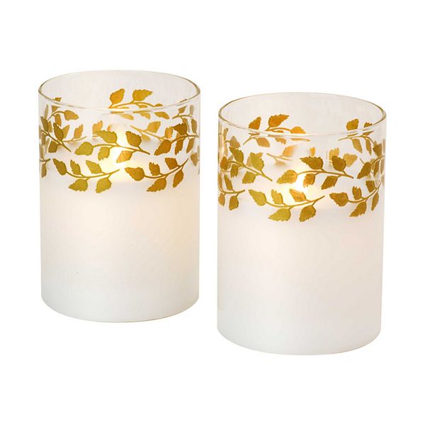 LumaBase Gold Wreath Battery Operated Wax Candles in Glass Holders with Moving Flame 2-piece Set - Gold Wreath