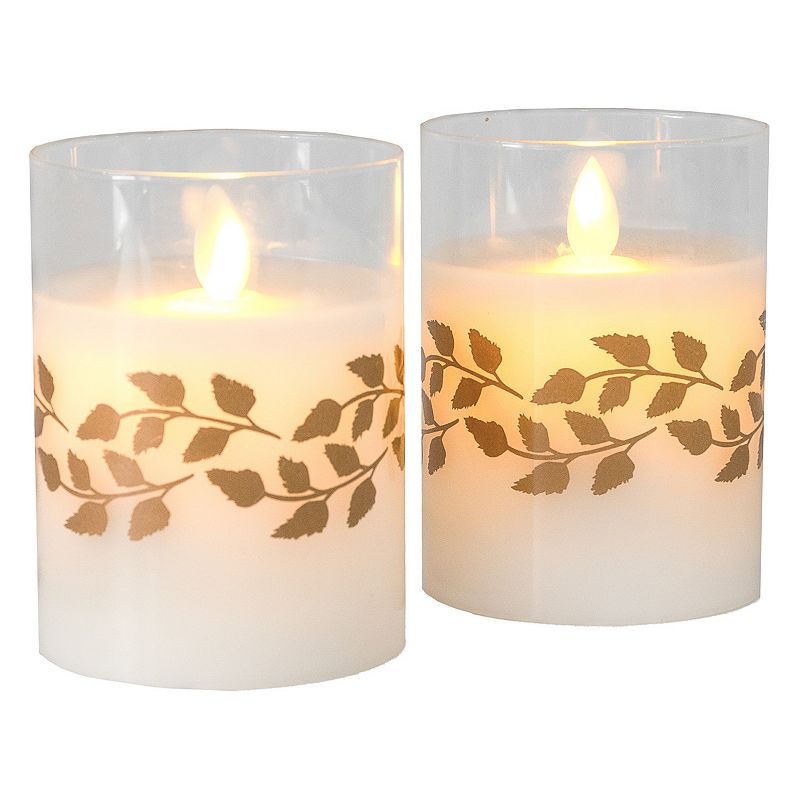 LumaBase Gold Wreath Battery Operated Wax Candles in Glass Holders with Mov