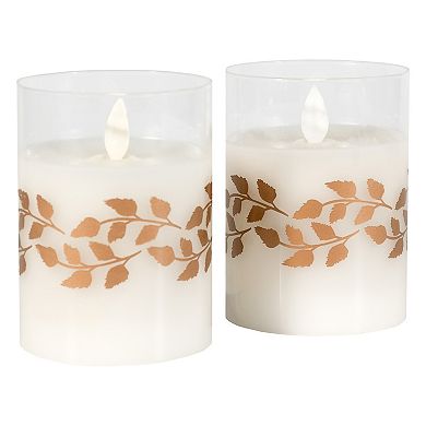 LumaBase Gold Wreath Battery Operated Wax Candles in Glass Holders with Moving Flame 2-piece Set