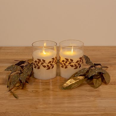 LumaBase Gold Wreath Battery Operated Wax Candles in Glass Holders with Moving Flame 2-piece Set