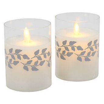 LumaBase Silver Wreath Battery Operated Wax Candles in Glass Holders with Moving Flame 2 pc Set