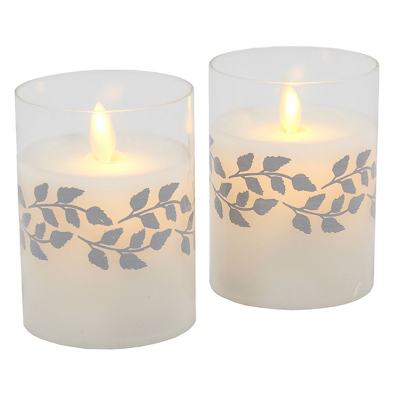 LumaBase Silver Wreath Battery Operated Wax Candles in Glass Holders with M